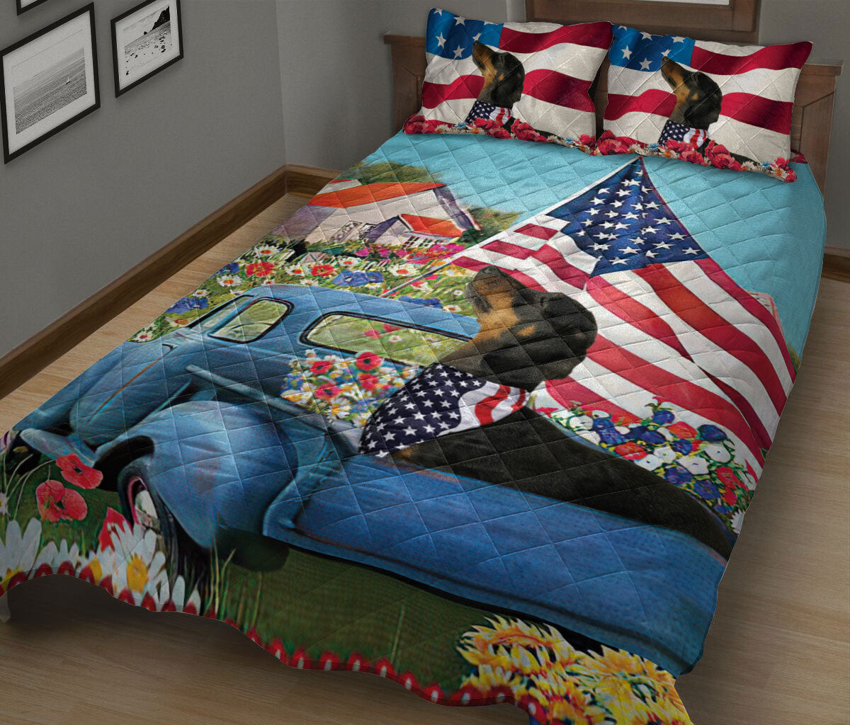 Dachshund Quilt Set, Dachshund Car Patriotic Dog Us Flag Flower Spring Country Road Quilt Blanket With Pillowcases, Quilt Bedding Set