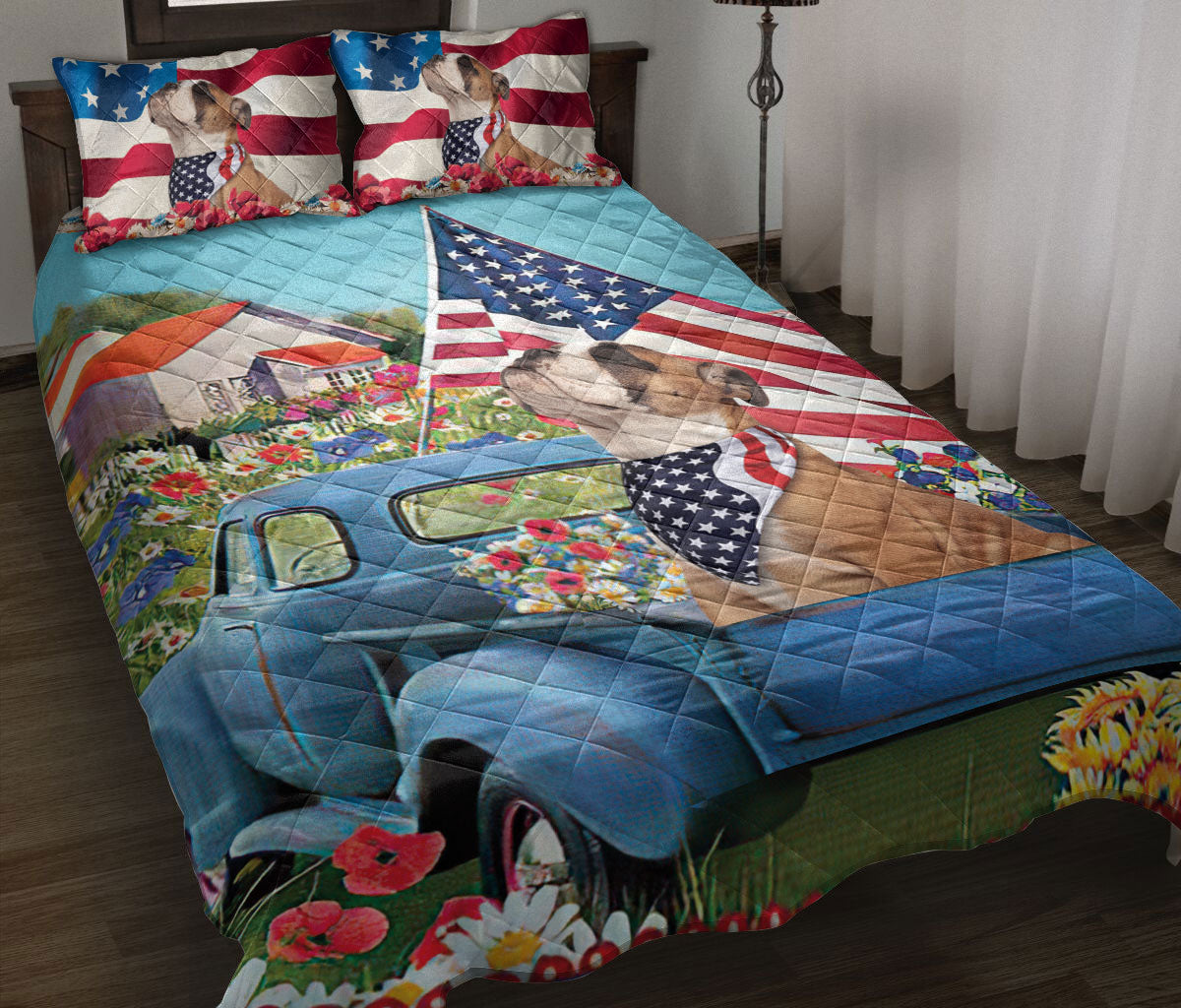 Bulldog Quilt Set, English Bulldog Car Patriotic Dog Us Flag Flower Spring Country Road Quilt Blanket With Pillowcases, Quilt Bedding Set