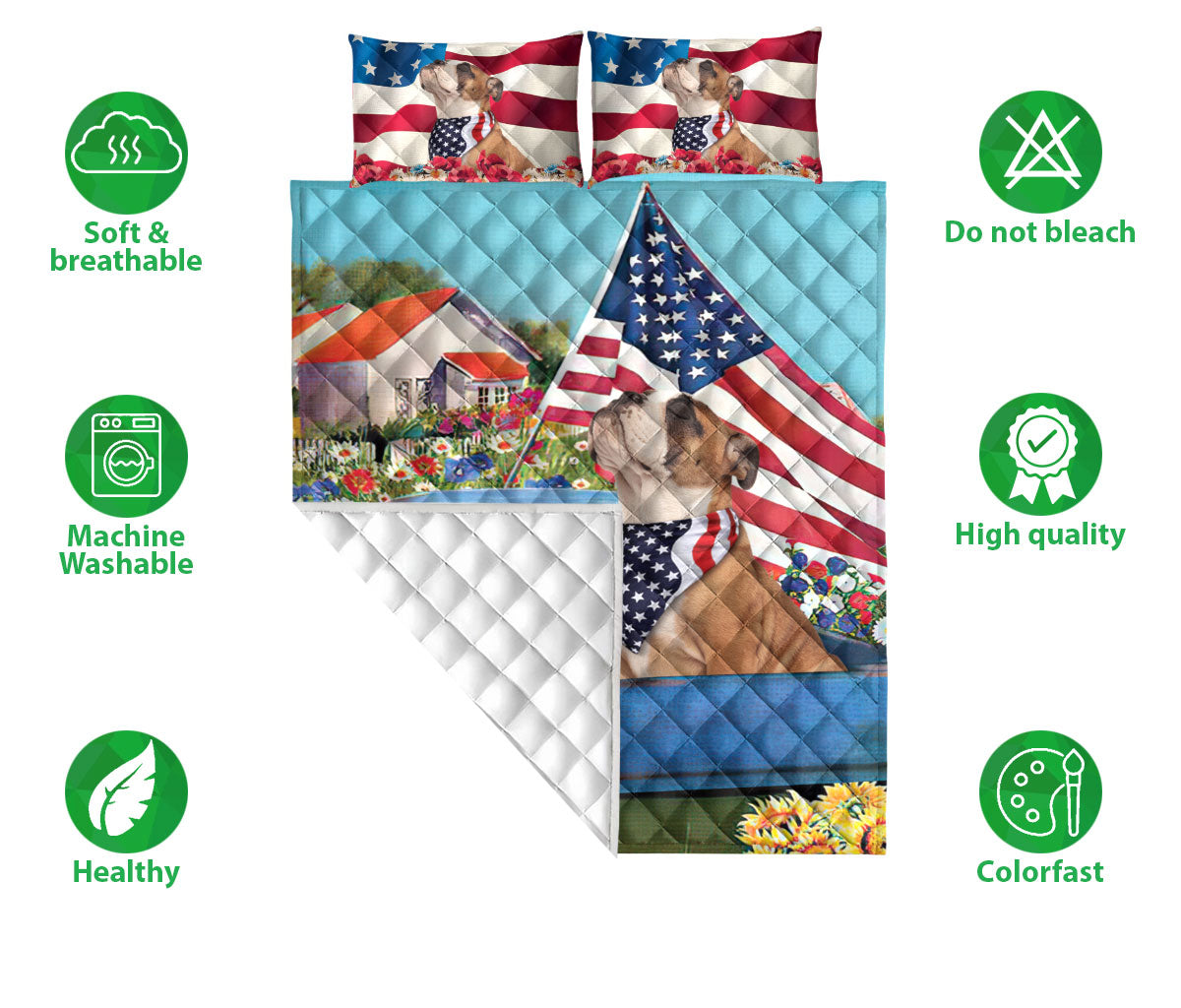 Bulldog Quilt Set, English Bulldog Car Patriotic Dog Us Flag Flower Spring Country Road Quilt Blanket With Pillowcases, Quilt Bedding Set