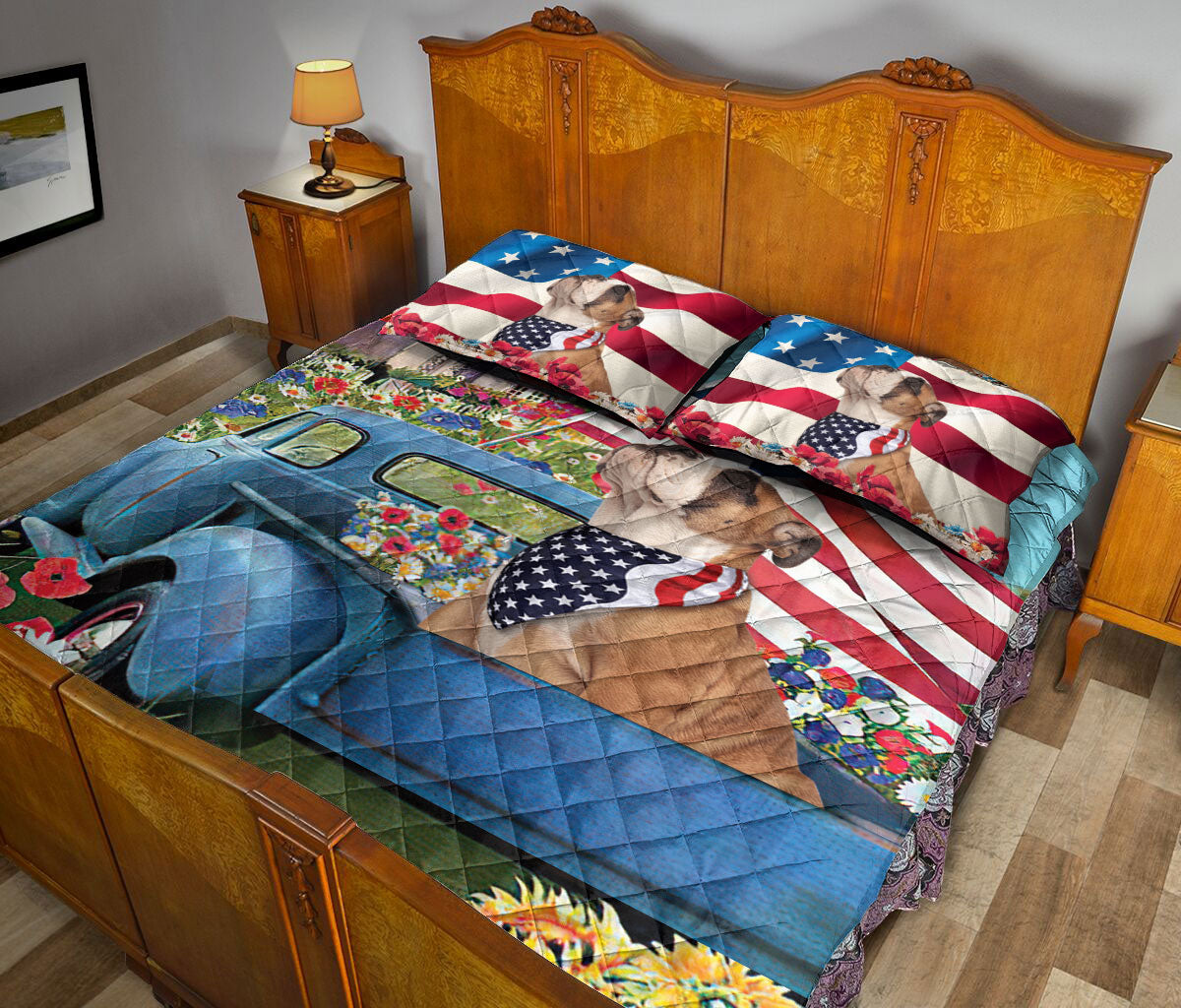 Bulldog Quilt Set, English Bulldog Car Patriotic Dog Us Flag Flower Spring Country Road Quilt Blanket With Pillowcases, Quilt Bedding Set