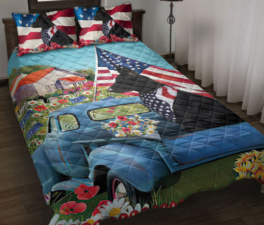German Shepherd Quilt Set, Black German Shepherd In Car Patriotic Dog Us Flag Flower Spring Quilt Blanket With Pillowcases, Quilt Bedding Set
