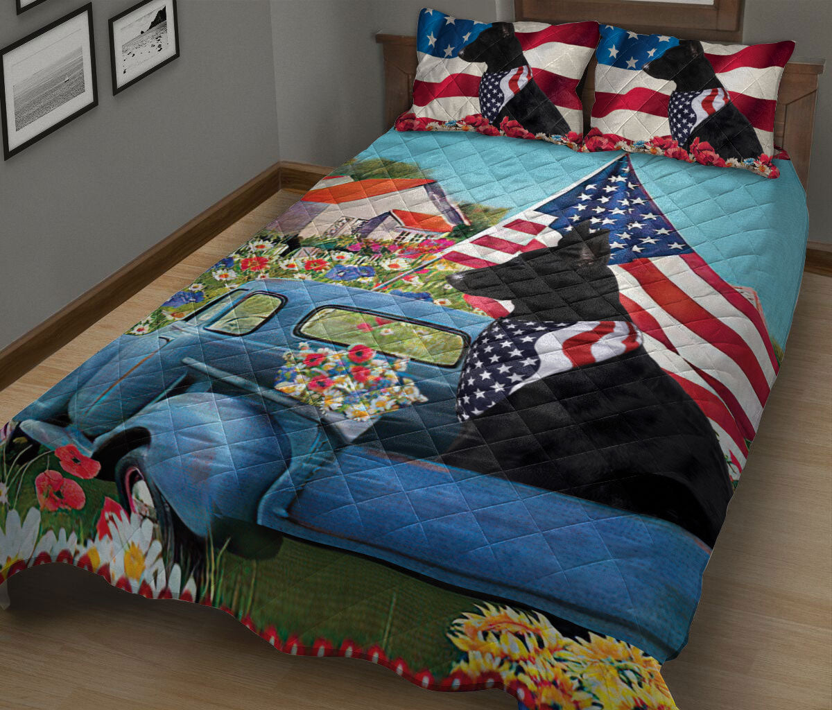 German Shepherd Quilt Set, Black German Shepherd In Car Patriotic Dog Us Flag Flower Spring Quilt Blanket With Pillowcases, Quilt Bedding Set