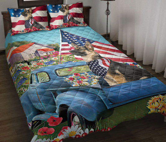 German Shepherd Quilt Set, German Shepherd In Car Patriotic Dog Us Flag Flower Spring Quilt Blanket With Pillowcases, Quilt Bedding Set