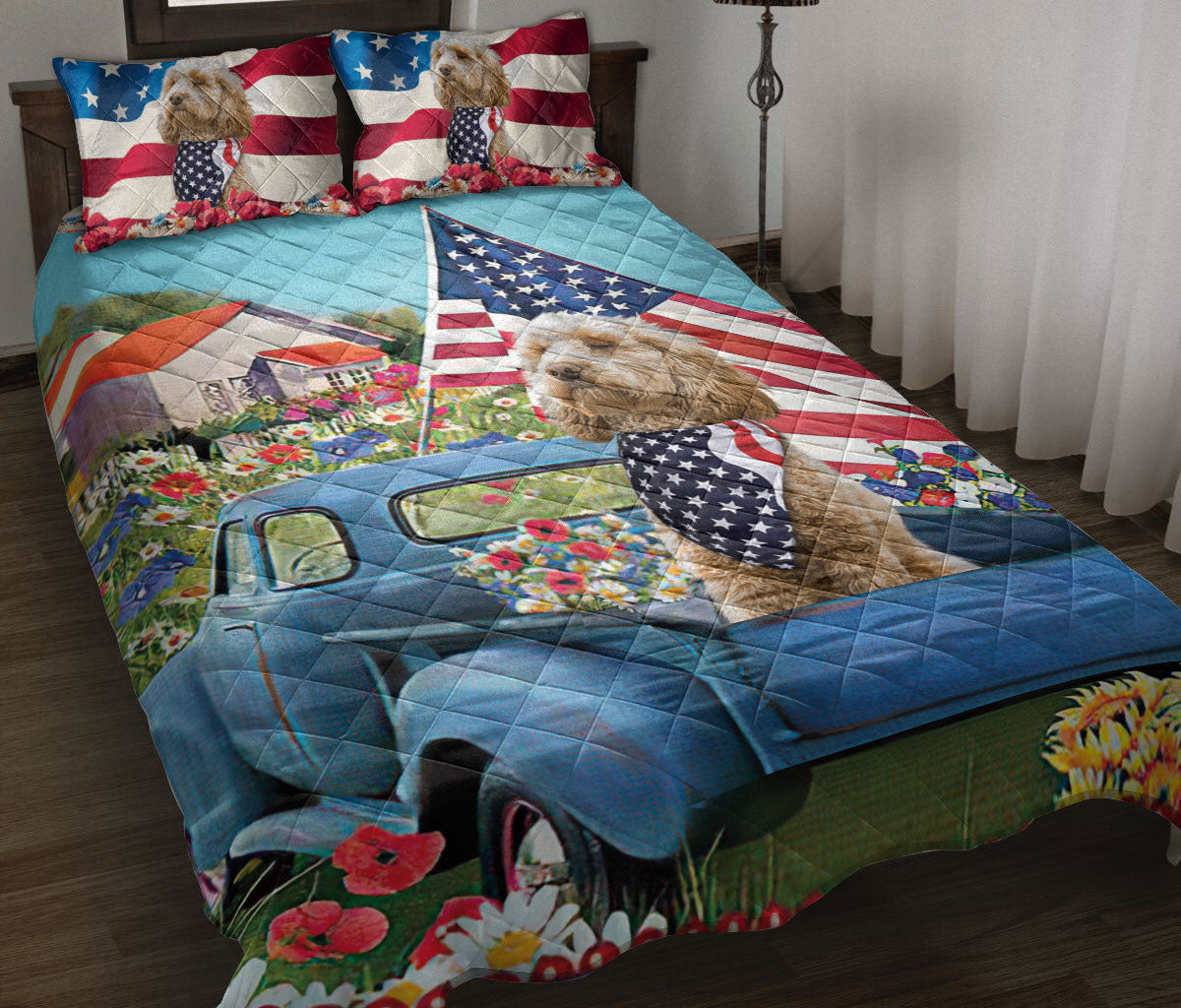 Goldendoodle Quilt Set, Golden Doodle Patriotic Dog Us Flag Flower Spring Country Road Quilt Blanket With Pillowcases, Quilt Bedding Set