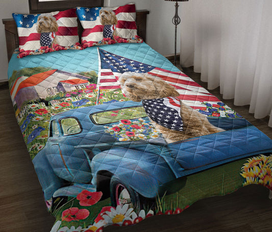 Goldendoodle Quilt Set, Golden Doodle Patriotic Dog Us Flag Flower Spring Country Road Quilt Blanket With Pillowcases, Quilt Bedding Set
