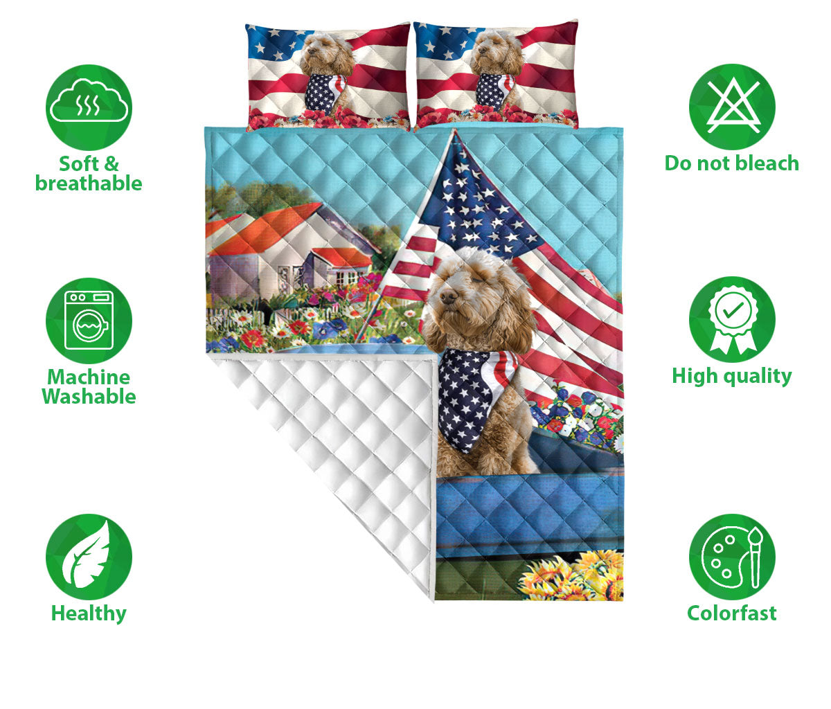 Goldendoodle Quilt Set, Golden Doodle Patriotic Dog Us Flag Flower Spring Country Road Quilt Blanket With Pillowcases, Quilt Bedding Set