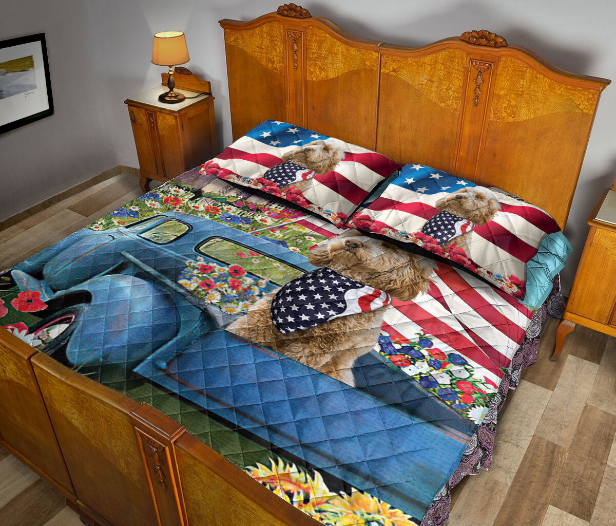 Goldendoodle Quilt Set, Golden Doodle Patriotic Dog Us Flag Flower Spring Country Road Quilt Blanket With Pillowcases, Quilt Bedding Set