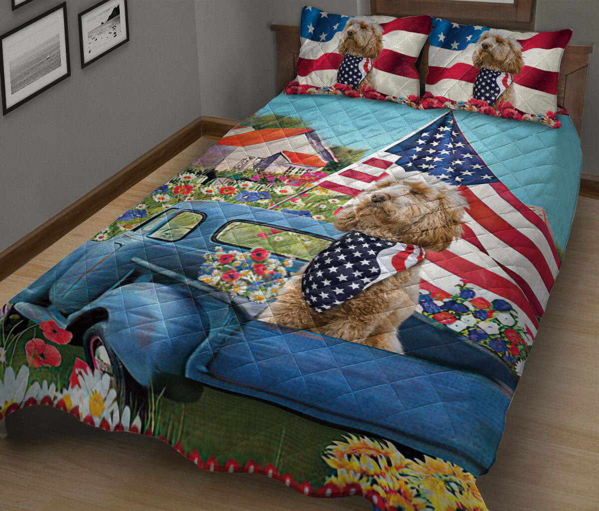 Goldendoodle Quilt Set, Golden Doodle Patriotic Dog Us Flag Flower Spring Country Road Quilt Blanket With Pillowcases, Quilt Bedding Set