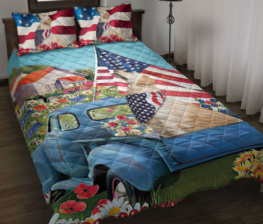 Golden Retriever Quilt Set, Golden Retriever Patriotic Dog Us Flag Flower Spring Country Road Quilt Blanket With Pillowcases, Quilt Bedding Set