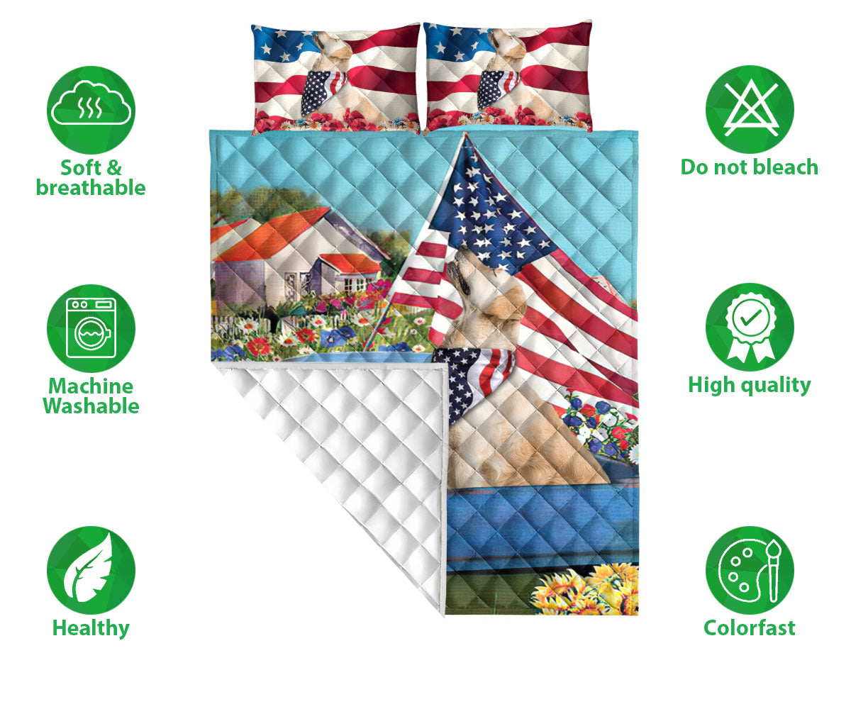 Golden Retriever Quilt Set, Golden Retriever Patriotic Dog Us Flag Flower Spring Country Road Quilt Blanket With Pillowcases, Quilt Bedding Set