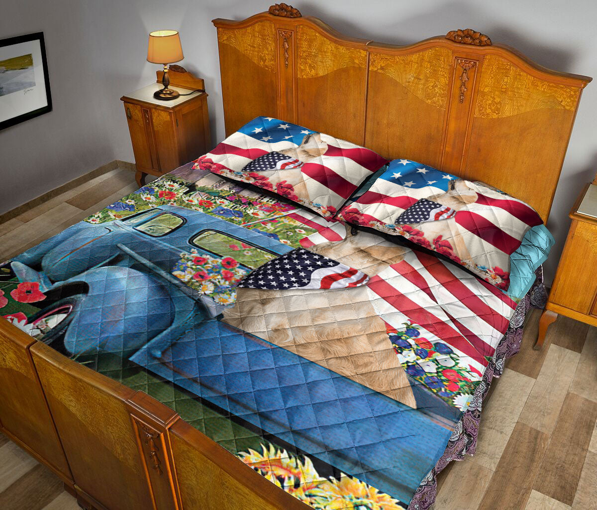 Golden Retriever Quilt Set, Golden Retriever Patriotic Dog Us Flag Flower Spring Country Road Quilt Blanket With Pillowcases, Quilt Bedding Set