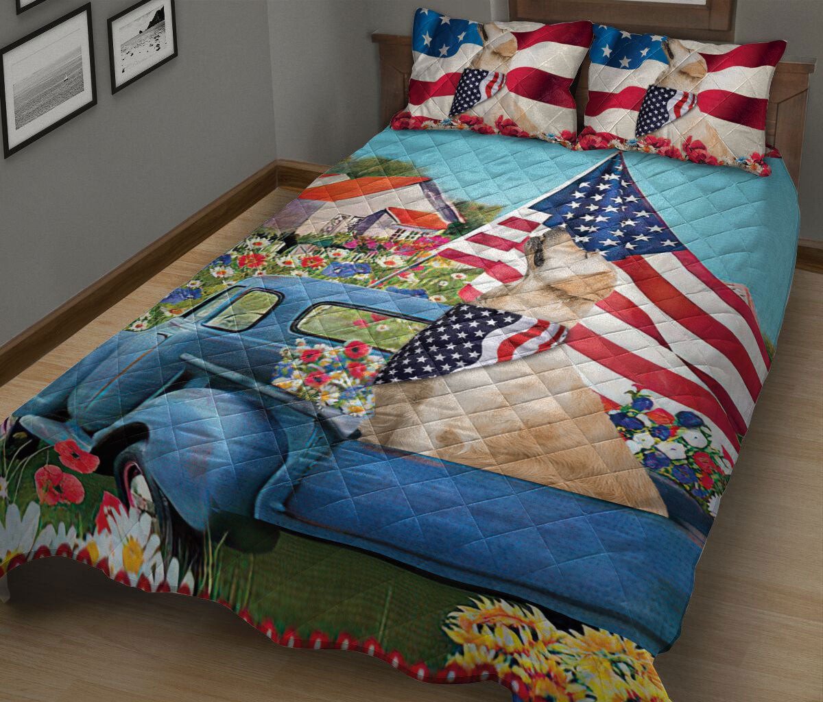 Golden Retriever Quilt Set, Golden Retriever Patriotic Dog Us Flag Flower Spring Country Road Quilt Blanket With Pillowcases, Quilt Bedding Set