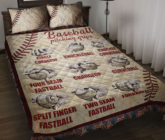 Baseball Quilt Set, Baseball Pitching Grip Baseball Beige Quilt Blanket With Pillowcases, Quilt Bedding Set, Sports Gifts