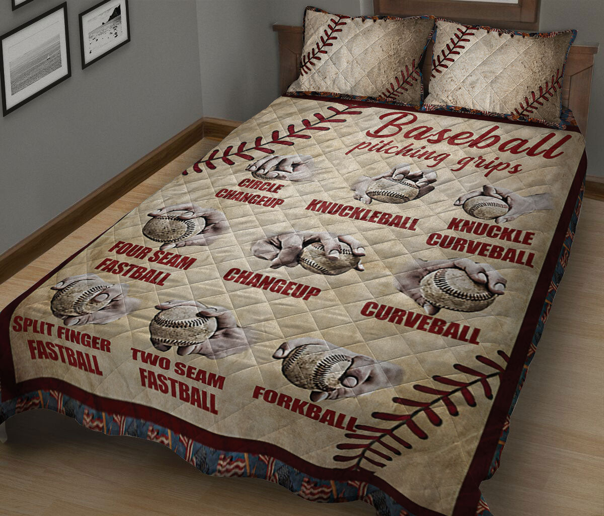 Baseball Quilt Set, Baseball Pitching Grip Baseball Beige Quilt Blanket With Pillowcases, Quilt Bedding Set, Sports Gifts