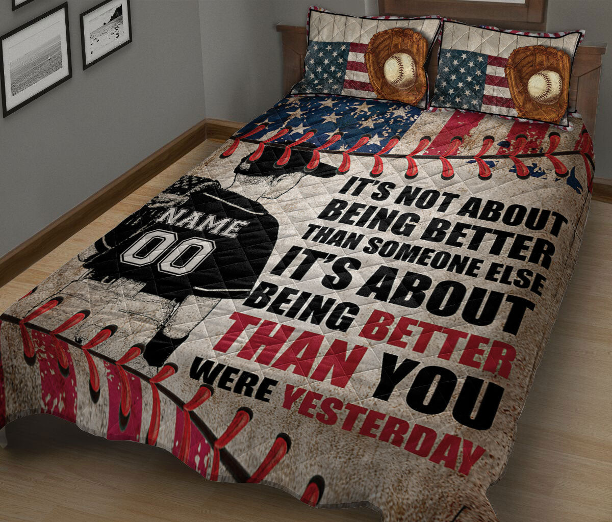 Baseball Quilt Set, Baseball Boy Us Flag Quilt Blanket With Pillowcases, Quilt Bedding Set, Sports Gifts