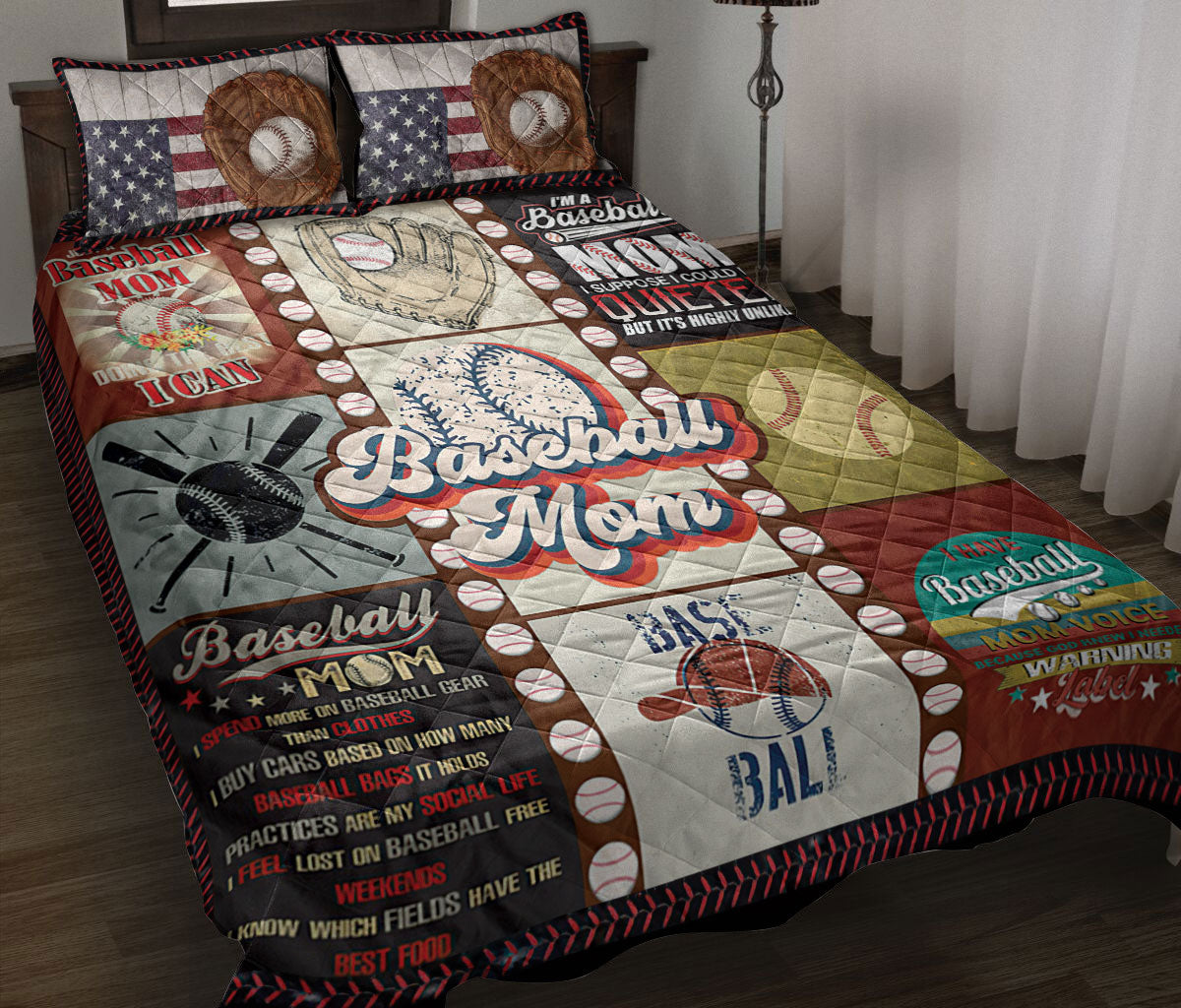 Baseball Quilt Set, Patchwork Baseball Mom Baseball Quilt Blanket With Pillowcases, Quilt Bedding Set, Sports Gifts