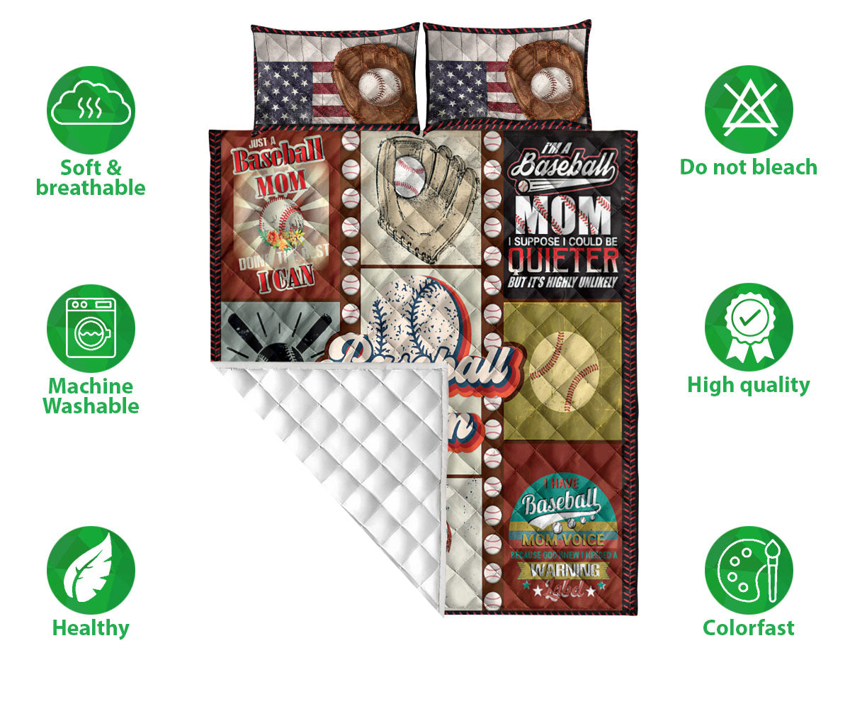 Baseball Quilt Set, Patchwork Baseball Mom Baseball Quilt Blanket With Pillowcases, Quilt Bedding Set, Sports Gifts