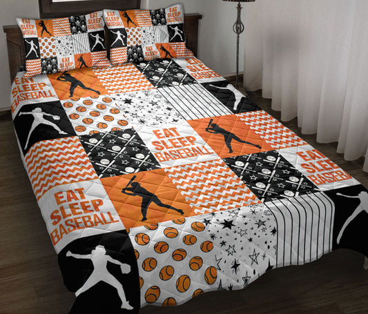 Baseball Quilt Set, Patchwork Baseball Player Posing Orange Baseball Quilt Blanket With Pillowcases, Quilt Bedding Set, Sports Gifts