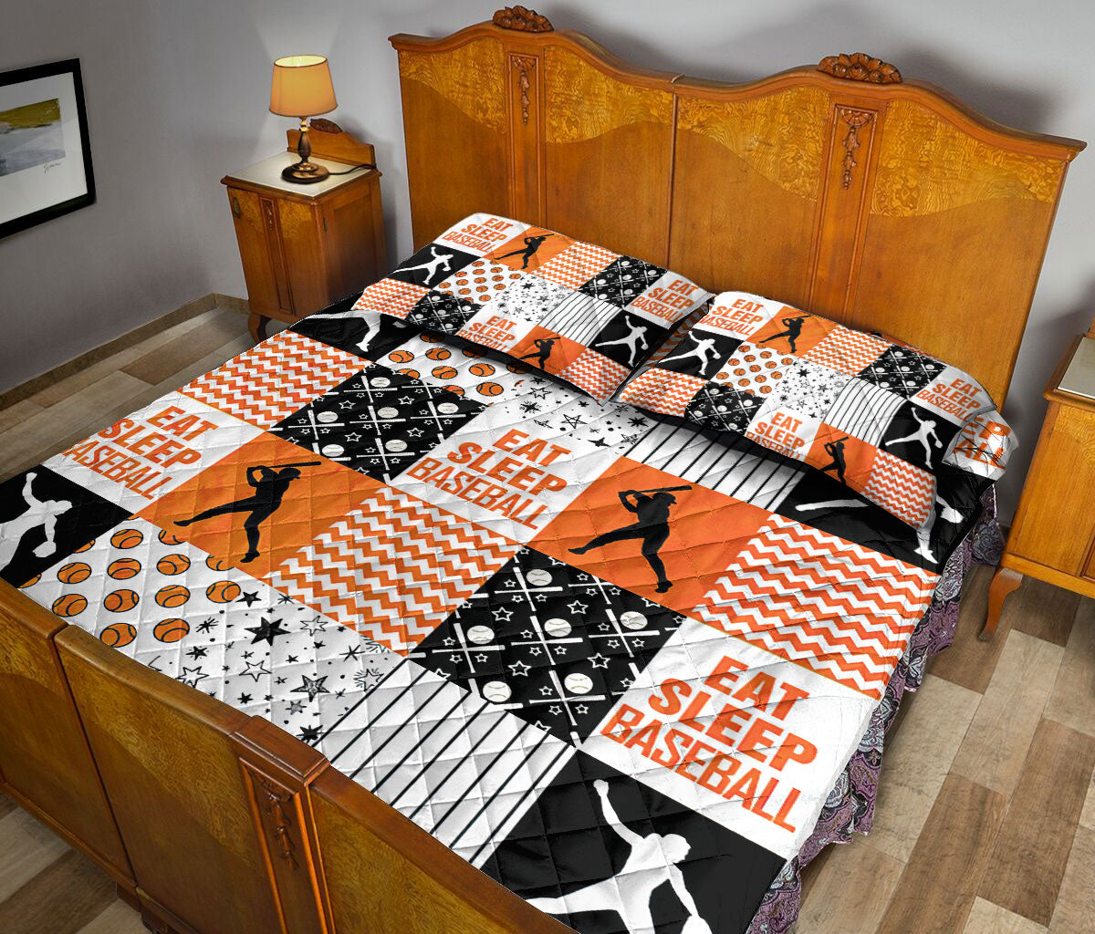 Baseball Quilt Set, Patchwork Baseball Player Posing Orange Baseball Quilt Blanket With Pillowcases, Quilt Bedding Set, Sports Gifts