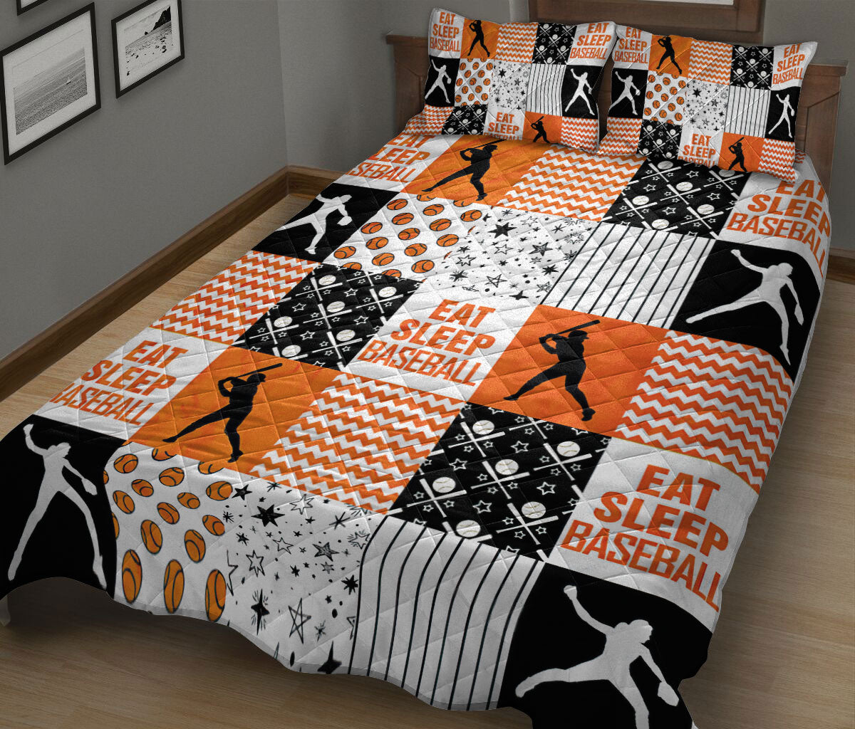 Baseball Quilt Set, Patchwork Baseball Player Posing Orange Baseball Quilt Blanket With Pillowcases, Quilt Bedding Set, Sports Gifts