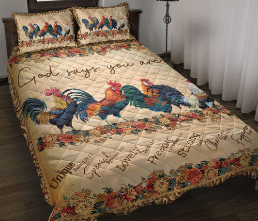 Chicken Quilt Set, Flower Rooster Chicken God Say You Are Farm Farmer Quilt Blanket With Pillowcases, Quilt Bedding Set