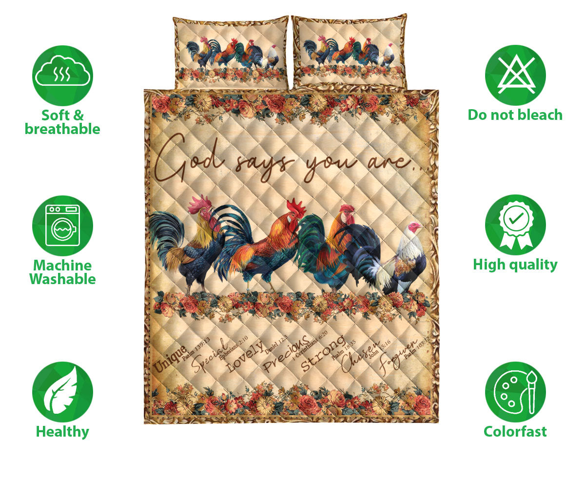 Chicken Quilt Set, Flower Rooster Chicken God Say You Are Farm Farmer Quilt Blanket With Pillowcases, Quilt Bedding Set