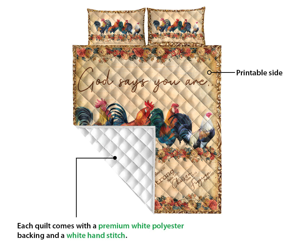 Chicken Quilt Set, Flower Rooster Chicken God Say You Are Farm Farmer Quilt Blanket With Pillowcases, Quilt Bedding Set