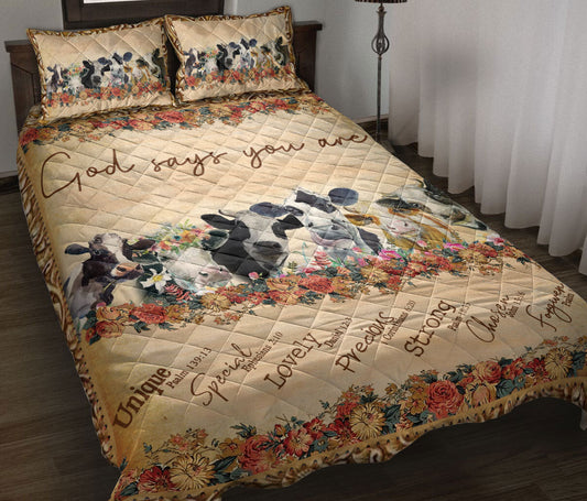 Cow Quilt Set, Flower Floral Cow God Say You Are Farm Farmer Quilt Blanket With Pillowcases, Quilt Bedding Set