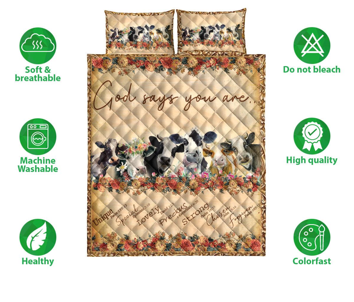 Cow Quilt Set, Flower Floral Cow God Say You Are Farm Farmer Quilt Blanket With Pillowcases, Quilt Bedding Set