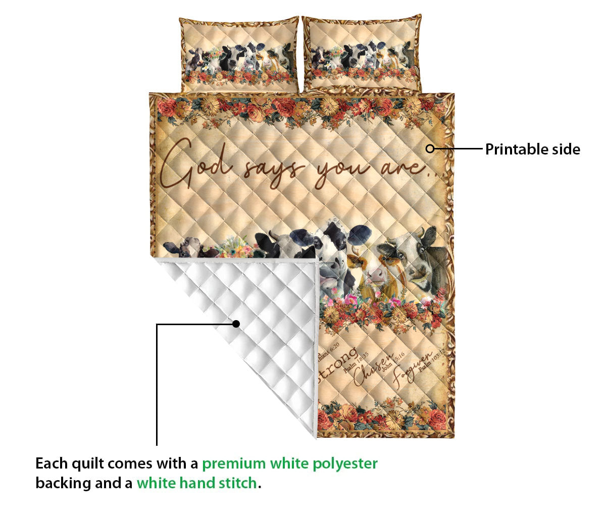Cow Quilt Set, Flower Floral Cow God Say You Are Farm Farmer Quilt Blanket With Pillowcases, Quilt Bedding Set