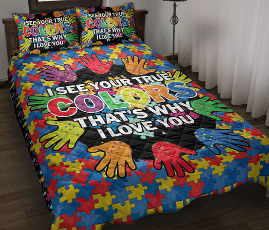 Autism Quilt Set, I See Your True Color Autism Awareness Hand Puzzle Piece Quilt Blanket With Pillowcases, Quilt Bedding Set