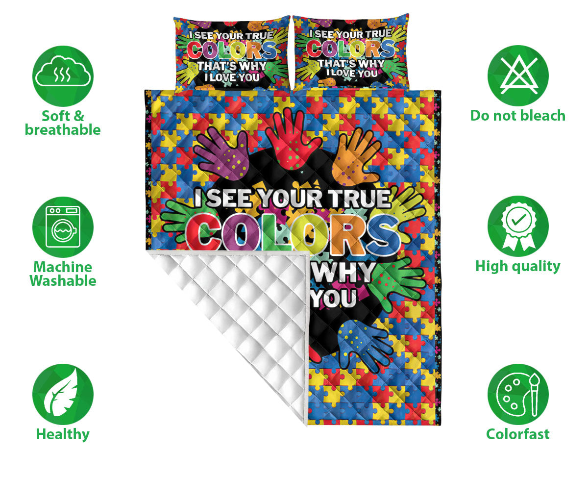 Autism Quilt Set, I See Your True Color Autism Awareness Hand Puzzle Piece Quilt Blanket With Pillowcases, Quilt Bedding Set