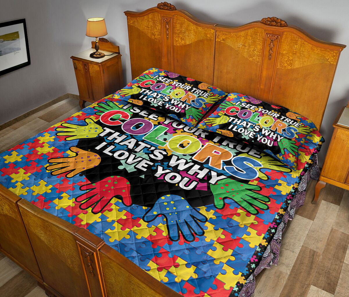 Autism Quilt Set, I See Your True Color Autism Awareness Hand Puzzle Piece Quilt Blanket With Pillowcases, Quilt Bedding Set