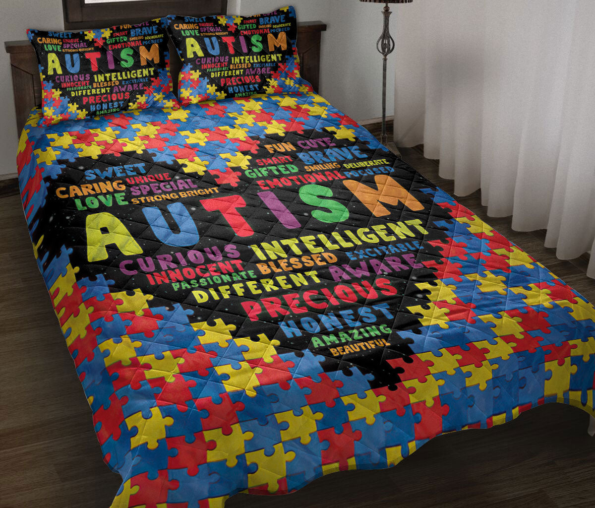 Autism Quilt Set, Autism Awareness Heart Puzzle Piece Quilt Blanket With Pillowcases, Quilt Bedding Set