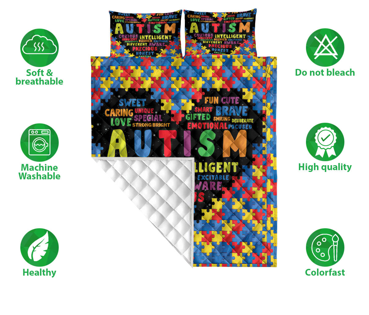Autism Quilt Set, Autism Awareness Heart Puzzle Piece Quilt Blanket With Pillowcases, Quilt Bedding Set