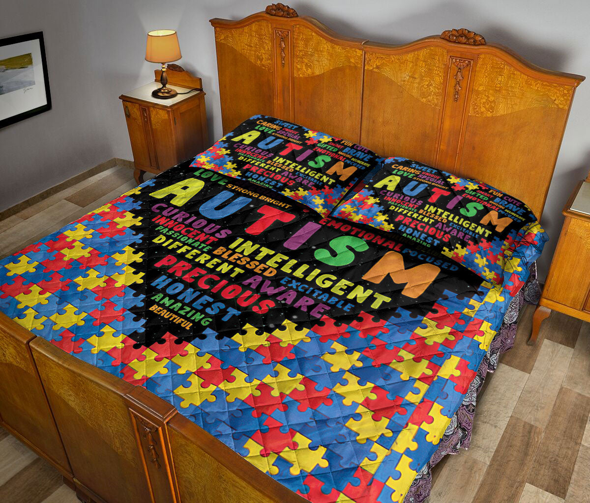 Autism Quilt Set, Autism Awareness Heart Puzzle Piece Quilt Blanket With Pillowcases, Quilt Bedding Set