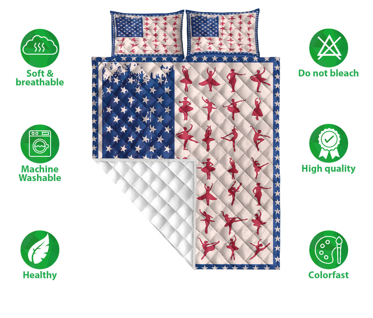 Ballet Quilt Set, Ballet Dancer Posing Us Flag Ballet Dancing Quilt Blanket With Pillowcases, Quilt Bedding Set