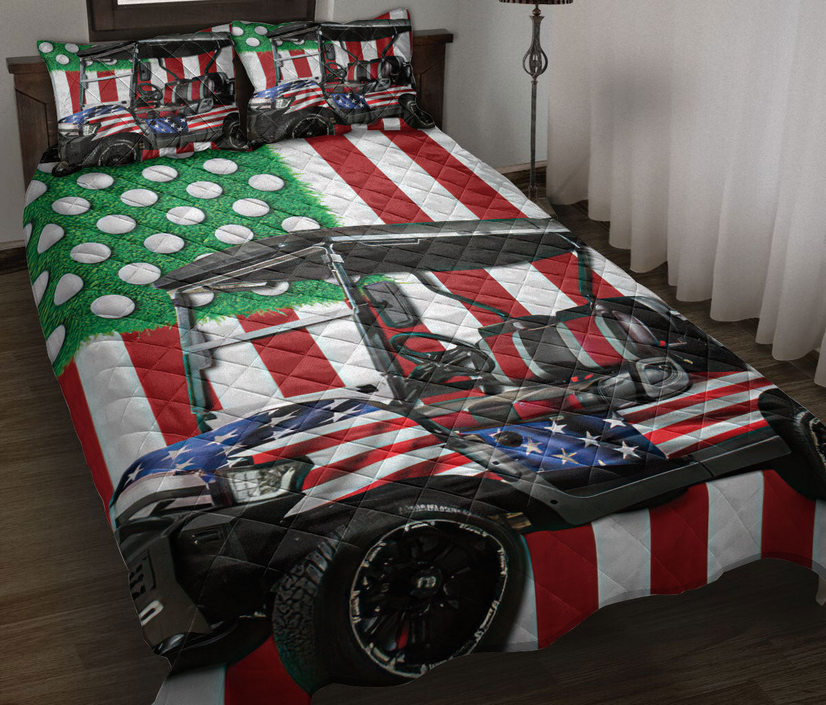 Golf Quilt Set, America Us Flag Golf Cart Golf Player Quilt Blanket With Pillowcases, Quilt Bedding Set