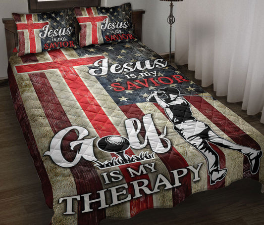 Golf Quilt Set, Jesus Is My Savior Golf Is My Therapy Golfer Golf Player Quilt Blanket With Pillowcases, Quilt Bedding Set