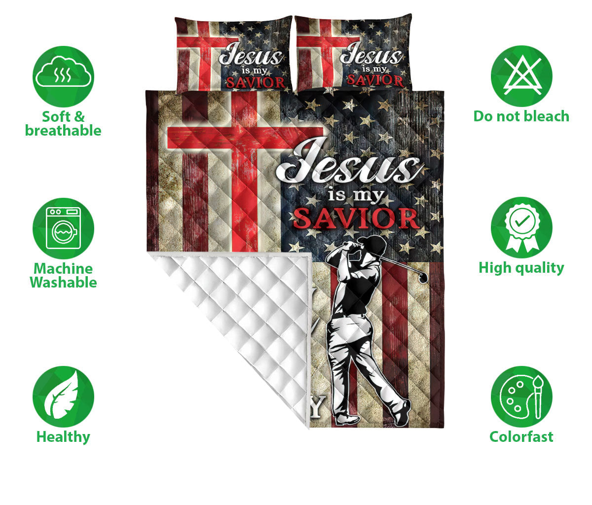 Golf Quilt Set, Jesus Is My Savior Golf Is My Therapy Golfer Golf Player Quilt Blanket With Pillowcases, Quilt Bedding Set