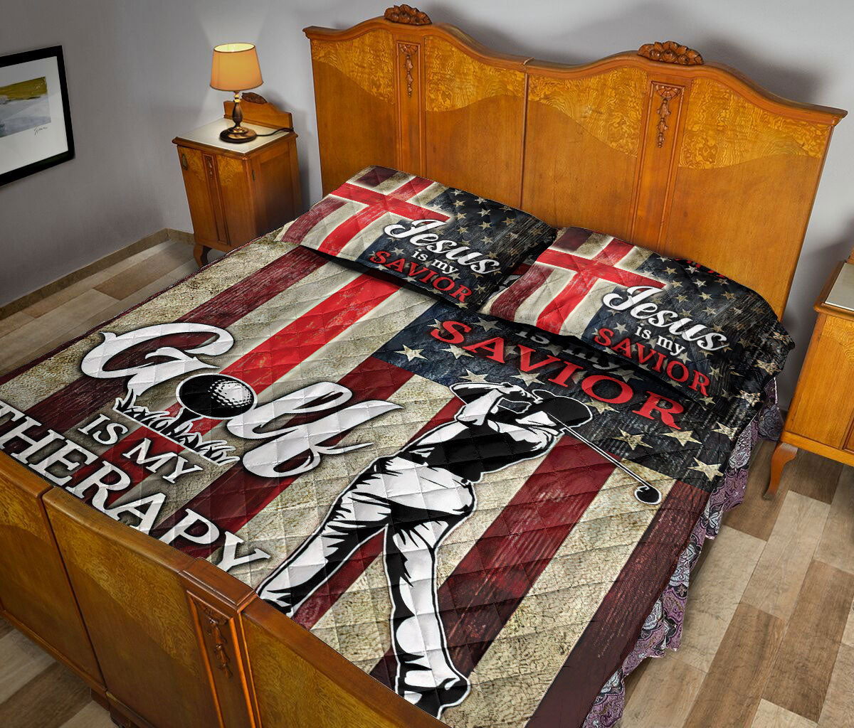 Golf Quilt Set, Jesus Is My Savior Golf Is My Therapy Golfer Golf Player Quilt Blanket With Pillowcases, Quilt Bedding Set