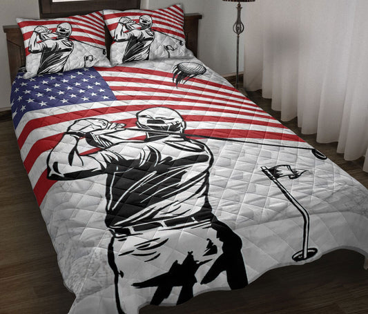 Golf Quilt Set, Patriotic Golf Player Us Flag Golfer Golfing White Quilt Blanket With Pillowcases, Quilt Bedding Set