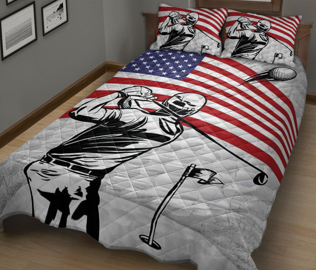 Golf Quilt Set, Patriotic Golf Player Us Flag Golfer Golfing White Quilt Blanket With Pillowcases, Quilt Bedding Set