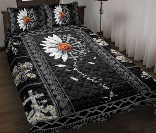 Christian, Jesus, God, Bible Quilt Set, Black White Daisy God Jesus You Are My Sunshine Crossian Quilt Blanket With Pillowcases, Quilt Bedding Set