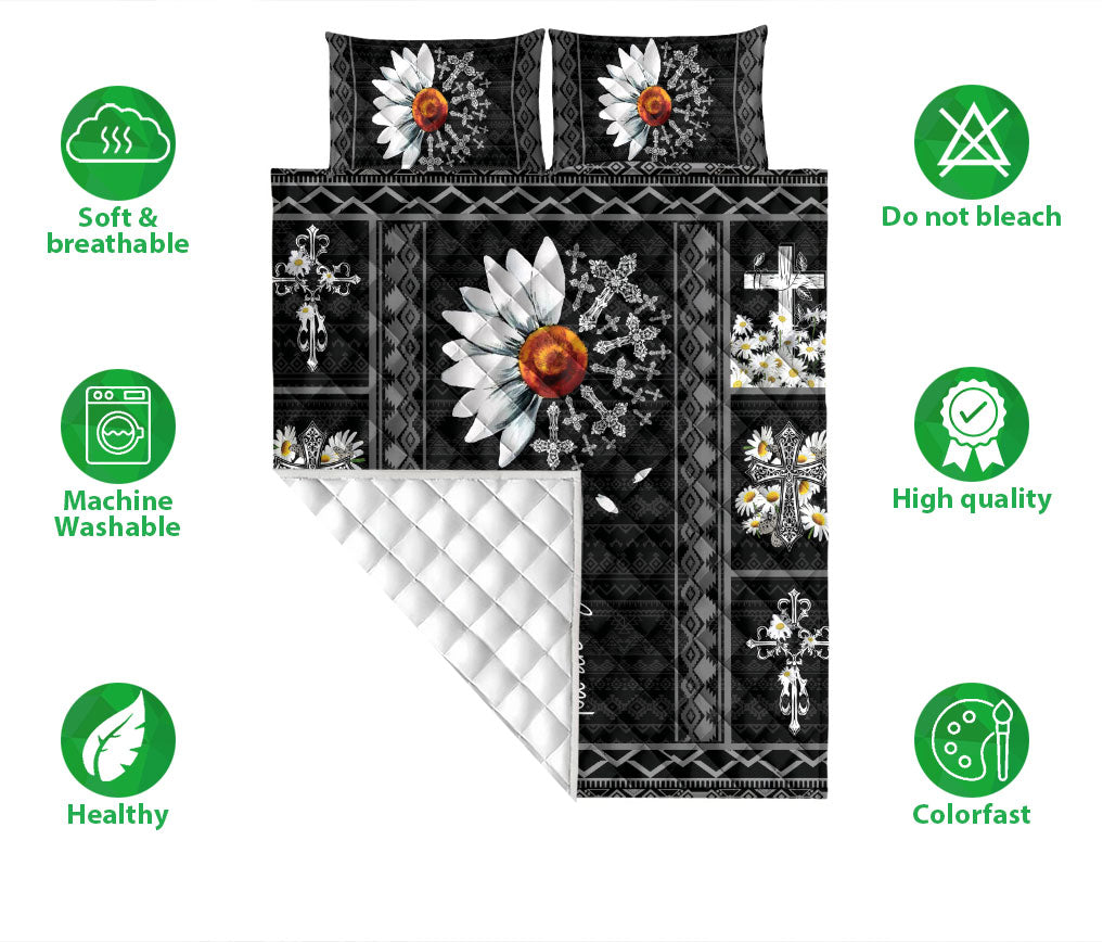 Christian, Jesus, God, Bible Quilt Set, Black White Daisy God Jesus You Are My Sunshine Crossian Quilt Blanket With Pillowcases, Quilt Bedding Set