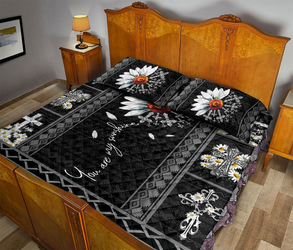 Christian, Jesus, God, Bible Quilt Set, Black White Daisy God Jesus You Are My Sunshine Crossian Quilt Blanket With Pillowcases, Quilt Bedding Set