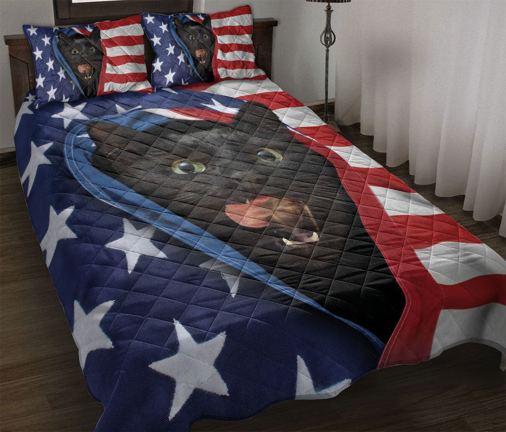 Black Cat,Cat Quilt Set, Patriotic Black Cat American Us Flag Quilt Blanket With Pillowcases, Quilt Bedding Set
