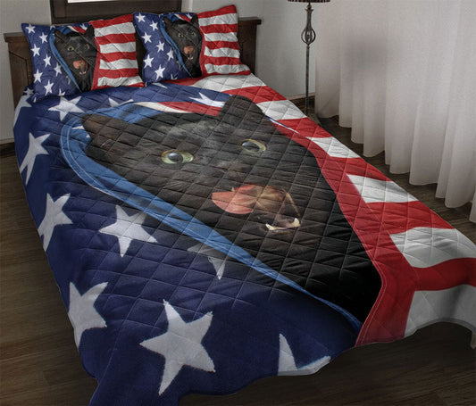 Black Cat,Cat Quilt Set, Patriotic Black Cat American Us Flag Quilt Blanket With Pillowcases, Quilt Bedding Set
