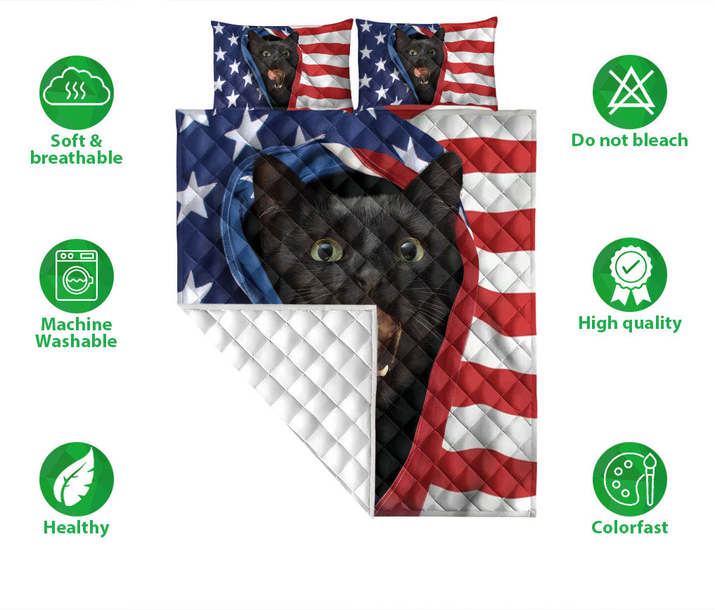 Black Cat,Cat Quilt Set, Patriotic Black Cat American Us Flag Quilt Blanket With Pillowcases, Quilt Bedding Set