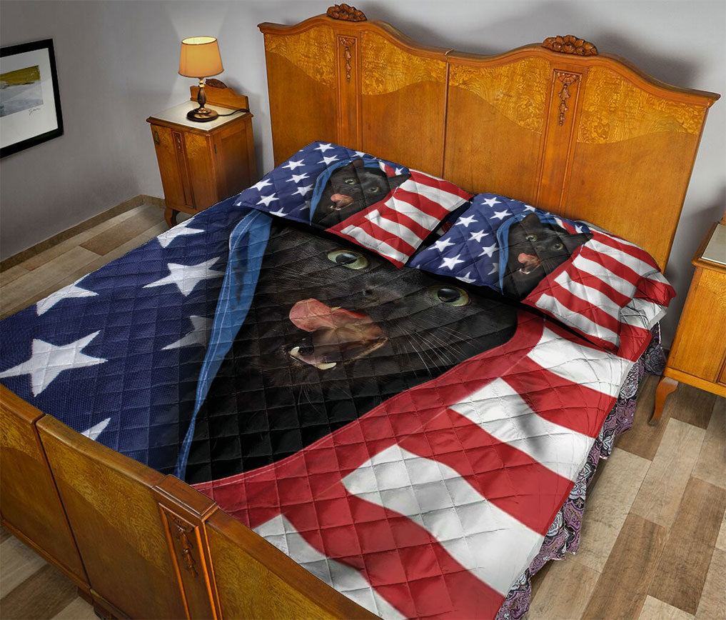 Black Cat,Cat Quilt Set, Patriotic Black Cat American Us Flag Quilt Blanket With Pillowcases, Quilt Bedding Set